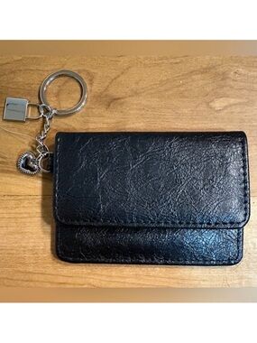 NWT Heart and Lock Charm Wallet Keychain, Black Faux Leather, Silver Hardware